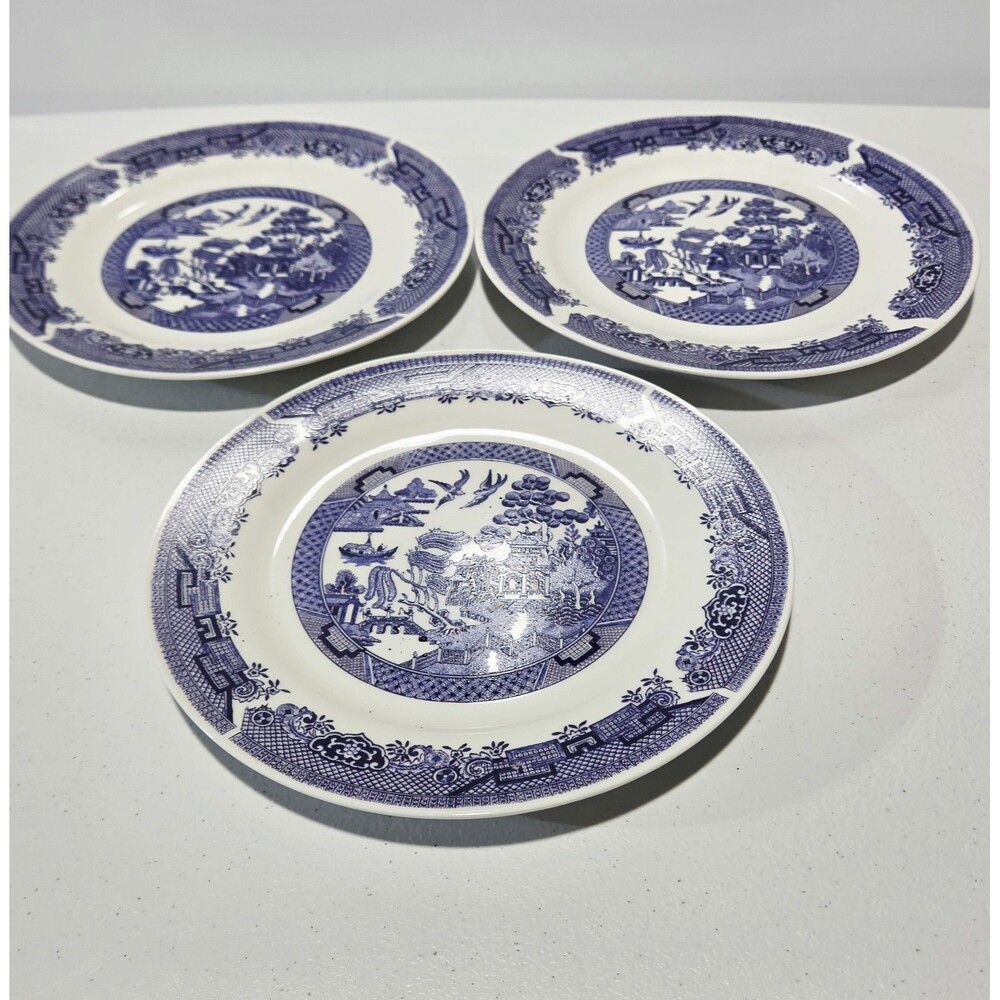 Set of 3 Blue Willow Ware 7.5” Salad Dessert Plates Blue White